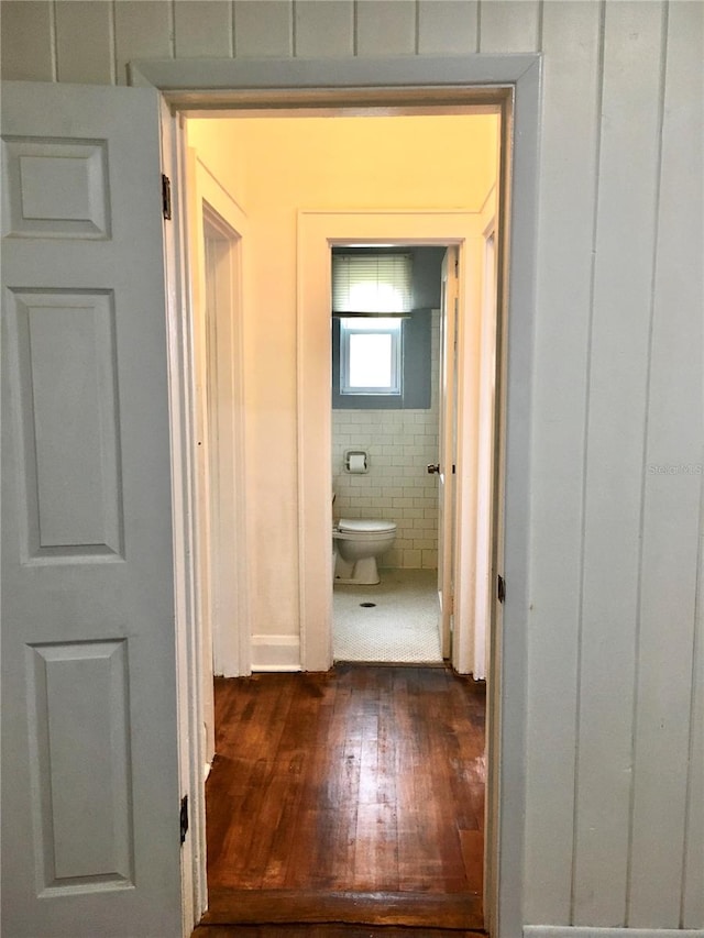 hall with dark hardwood / wood-style floors and tile walls