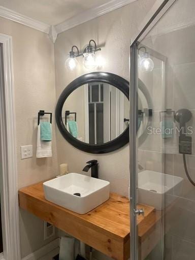 bathroom with ornamental molding, sink, and a shower with door