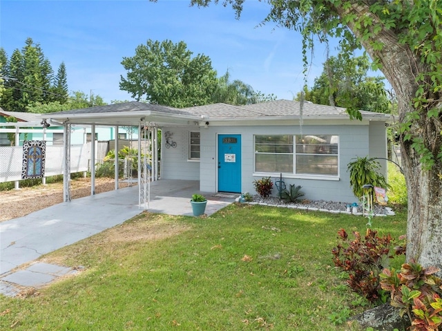 single story home featuring a front lawn and a carport