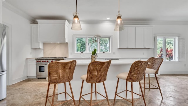 2300 N Scenic Hwy Unit 111, Lake Wales, FL 33898 - kitchen with appliances with stainless steel finishes, light countertops, plenty of natural light, custom range hood, and ornamental molding