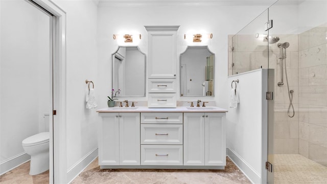 2300 N Scenic Hwy Unit 111, Lake Wales, FL 33898 - bathroom featuring a shower stall, double vanity, and crown molding