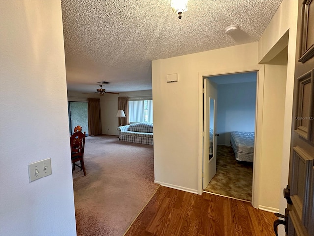 hallway featuring a textured ceiling and dark hardwood / wood-style flooring