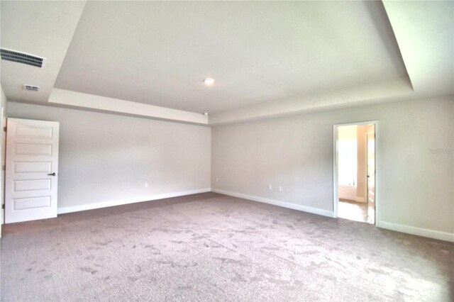 carpeted spare room featuring a tray ceiling