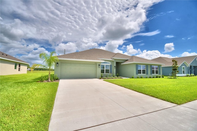 ranch-style house featuring a garage and a front lawn