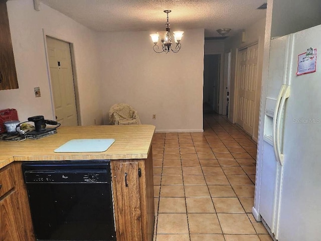 kitchen featuring light tile patterned floors, a peninsula, black dishwasher, light countertops, and white fridge with ice dispenser