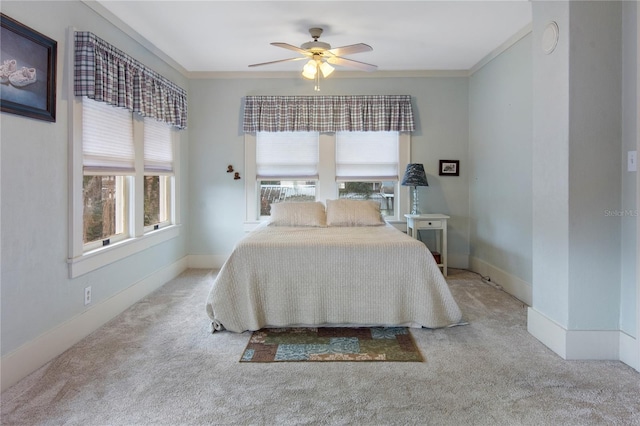 bedroom featuring light carpet and ceiling fan