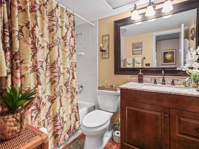 full bathroom with toilet, tile flooring, shower / tub combo with curtain, and vanity