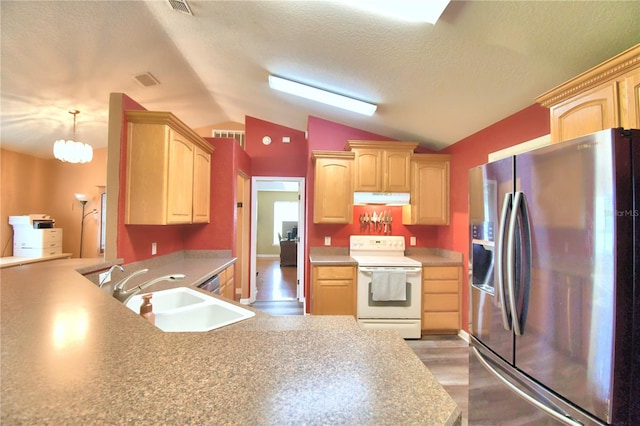 kitchen featuring white electric stove, lofted ceiling, dark hardwood / wood-style floors, stainless steel refrigerator with ice dispenser, and sink