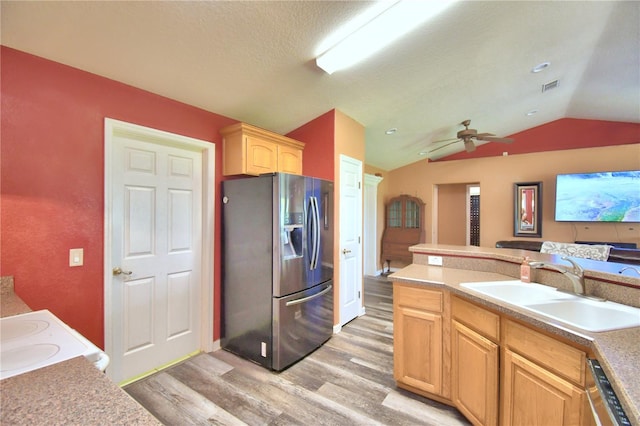 kitchen featuring ceiling fan, sink, vaulted ceiling, stainless steel appliances, and light hardwood / wood-style floors