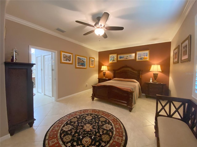 tiled bedroom featuring ornamental molding and ceiling fan