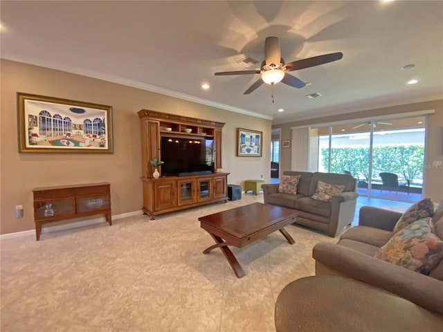 carpeted living room with crown molding and ceiling fan