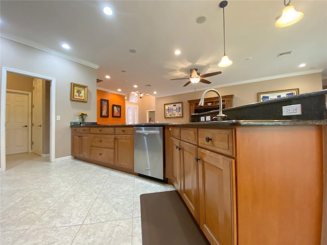 kitchen with pendant lighting, dark stone counters, dishwasher, crown molding, and ceiling fan