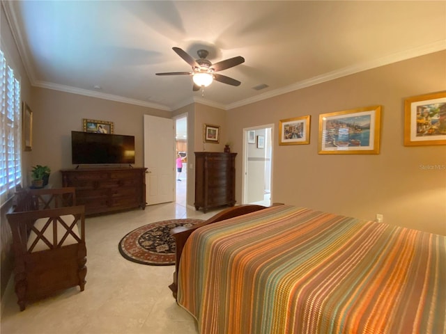 bedroom featuring crown molding and ceiling fan