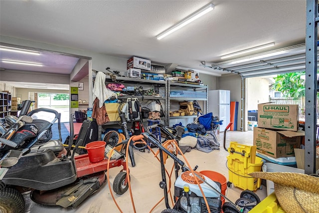 garage with white refrigerator