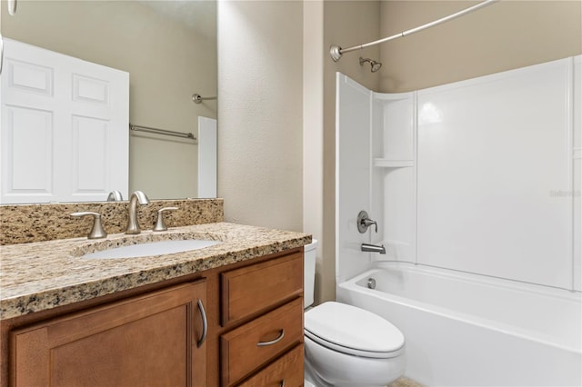 full bathroom with vanity, bathtub / shower combination, and toilet