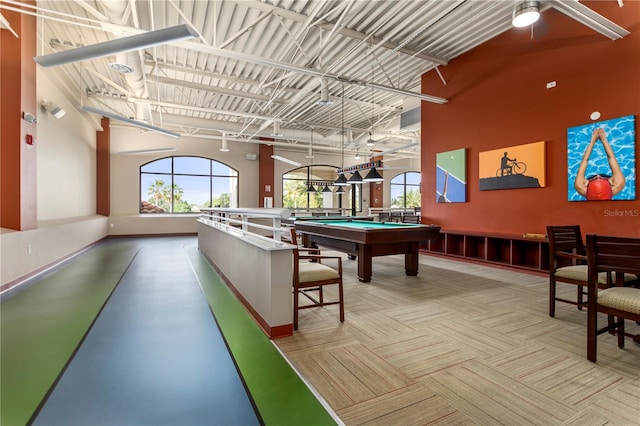 recreation room featuring light carpet and pool table