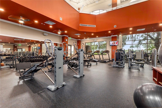 exercise room with a high ceiling