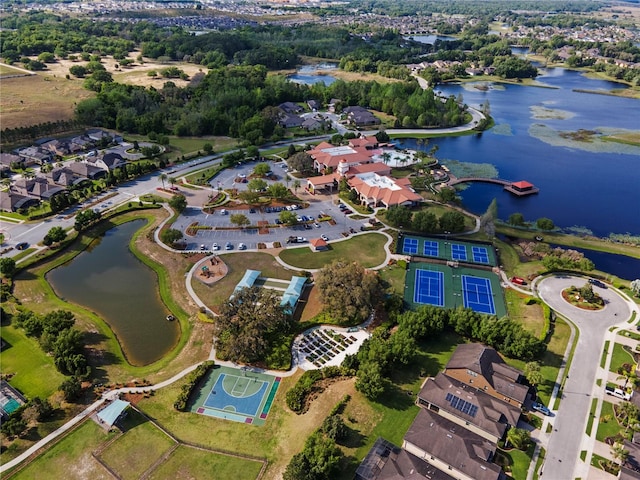 birds eye view of property featuring a water view