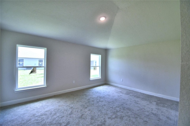 carpeted empty room with lofted ceiling, a healthy amount of sunlight, and a textured ceiling