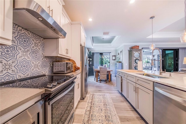 kitchen with pendant lighting, appliances with stainless steel finishes, a tray ceiling, white cabinetry, and light wood-type flooring