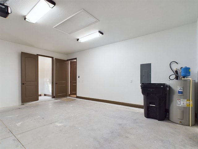 garage featuring electric panel, a garage door opener, and water heater