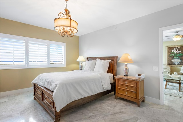 bedroom featuring light tile floors and a notable chandelier