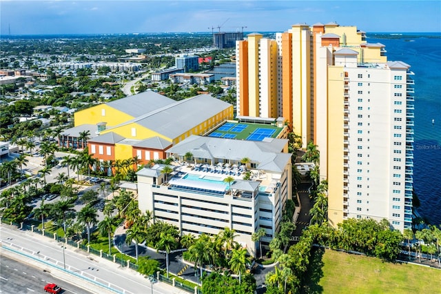 drone / aerial view featuring a water view