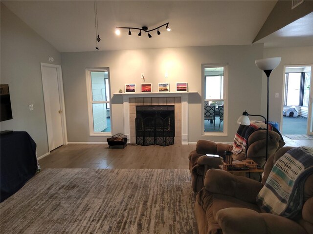 living room featuring lofted ceiling, a fireplace, and hardwood / wood-style floors