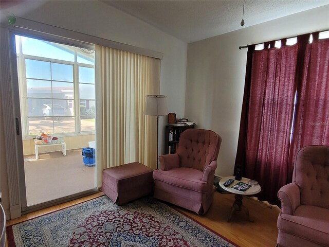 sitting room with lofted ceiling, light hardwood / wood-style flooring, and a textured ceiling