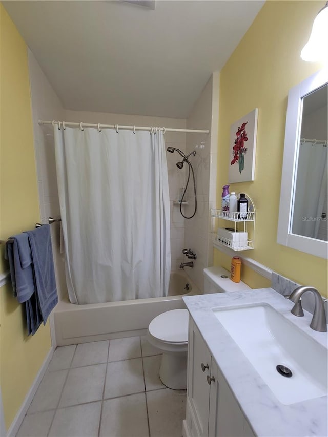 full bathroom with tile floors, toilet, shower / bathtub combination with curtain, and vanity