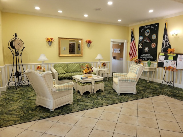 living room featuring tile floors and crown molding