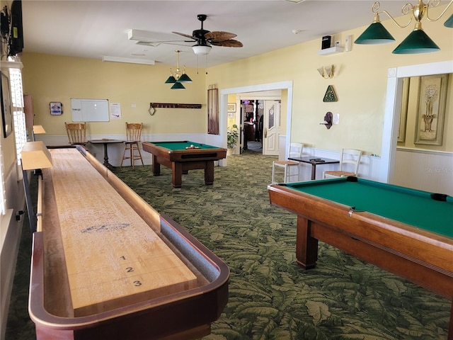 rec room with pool table and ceiling fan