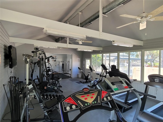 workout area with lofted ceiling and ceiling fan