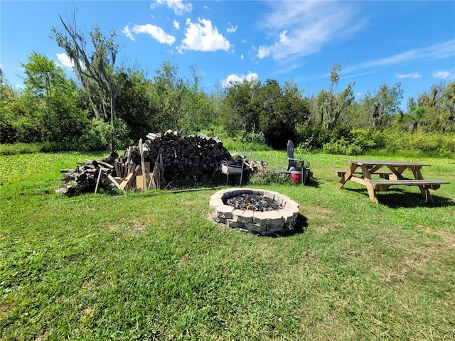 view of yard with an outdoor fire pit