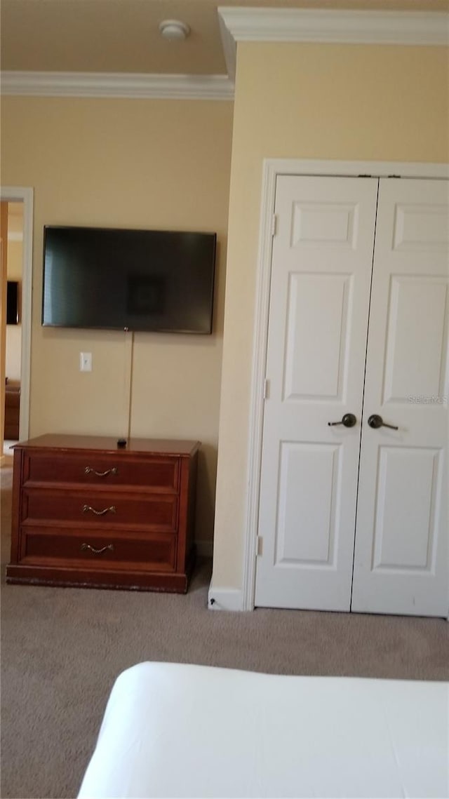 carpeted bedroom featuring ornamental molding and a closet