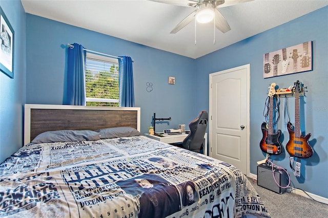 carpeted bedroom with ceiling fan