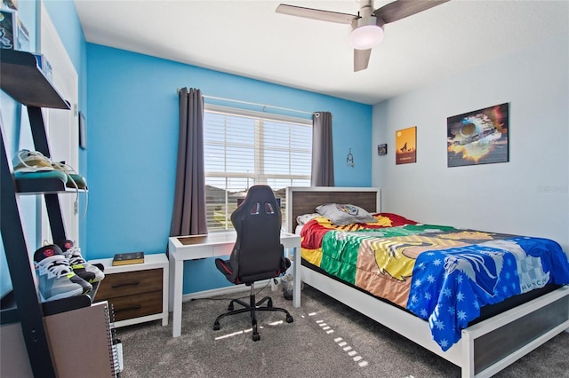 carpeted bedroom with ceiling fan