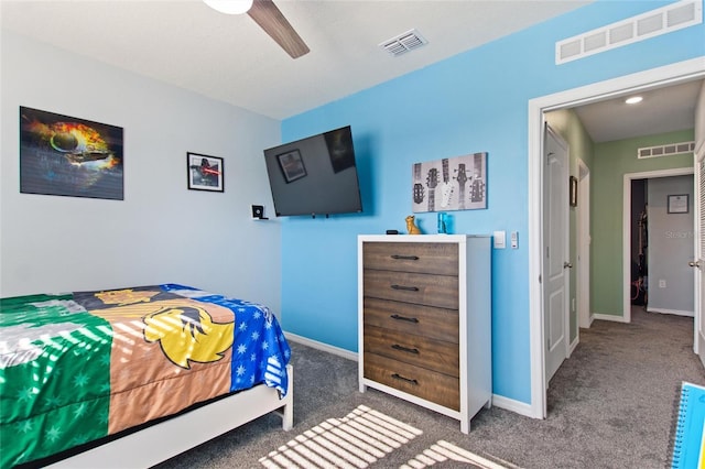 carpeted bedroom with ceiling fan