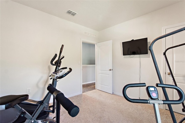 workout area featuring light colored carpet