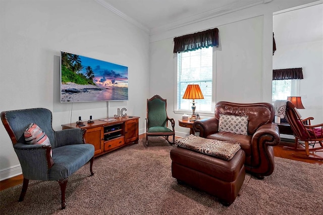 living room with crown molding and hardwood / wood-style floors