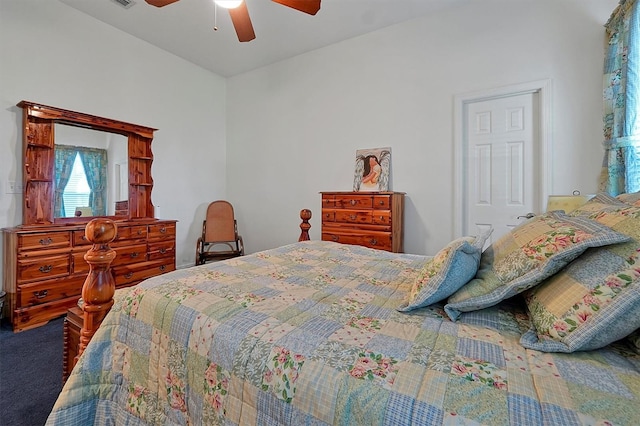 carpeted bedroom featuring ceiling fan