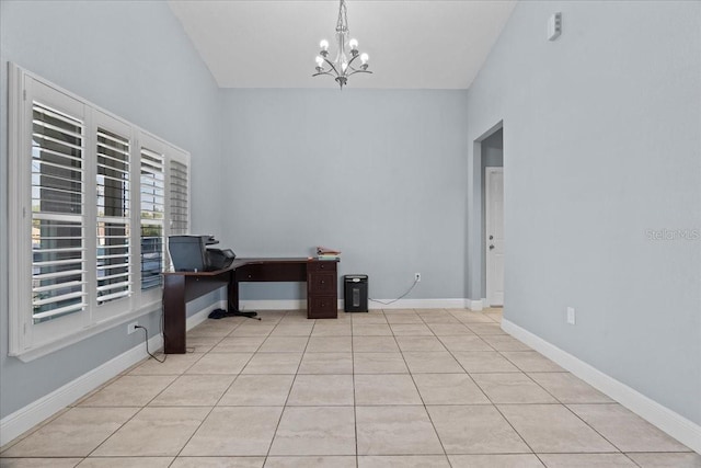 tiled office space featuring a notable chandelier