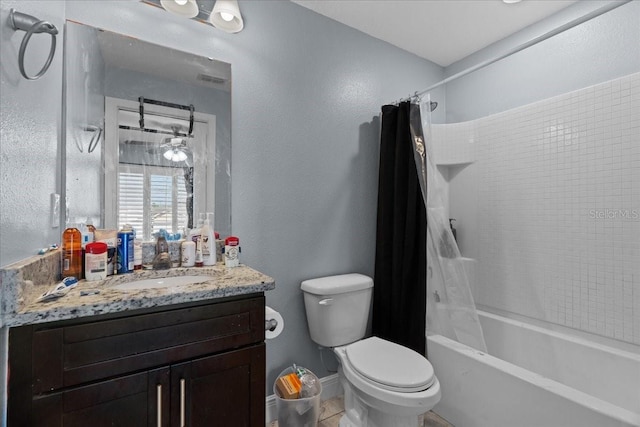 full bathroom with tile floors, vanity, toilet, and shower / bathtub combination with curtain