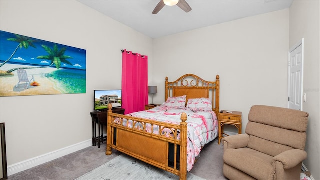 bedroom with ceiling fan and carpet