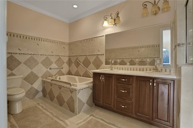 bathroom with tile patterned flooring, tile walls, toilet, vanity, and crown molding