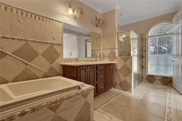 bathroom featuring vanity, tile walls, independent shower and bath, and crown molding