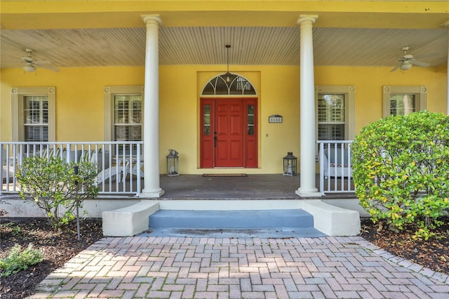 8608 Poinsettia Dr, Temple Terrace, FL 33637 - view of exterior entry with covered porch and ceiling fan