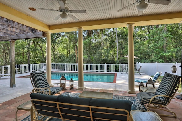 8608 Poinsettia Dr, Temple Terrace, FL 33637 - view of patio / terrace with outdoor lounge area, ceiling fan, a pergola, and a fenced in pool