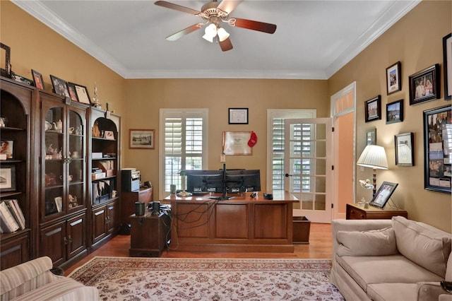 8608 Poinsettia Dr, Temple Terrace, FL 33637 - office featuring wood-type flooring, ceiling fan, and crown molding
