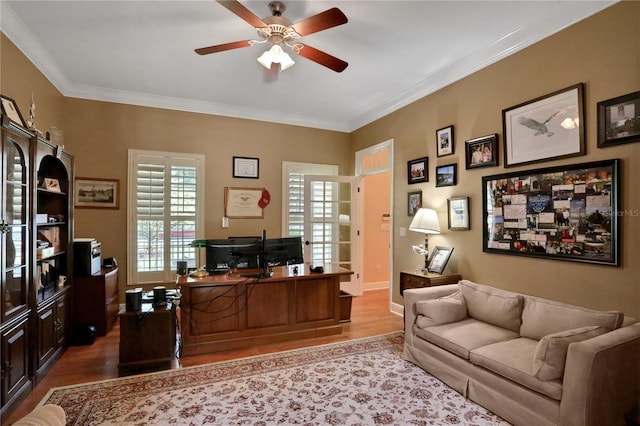 8608 Poinsettia Dr, Temple Terrace, FL 33637 - office with ceiling fan, crown molding, and hardwood / wood-style flooring